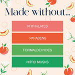 Informational graphic listing ingredients the product is made without, including phthalates, parabens, formaldehydes, and nitro musks
