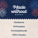 Informational graphic with 'Made without' headline and list of ingredients omitted, decorated with fireworks in a patriotic style