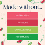 Graphic panel listing what the product is made without, showing phthalates, parabens, formaldehydes and nitro musks with decorative fruit accents.