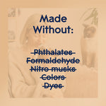 Graphic reading “Made Without” with a crossed list of phthalates, formaldehyde, nitro musks, colors, and dyes over a faded pet scene