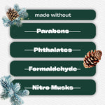 Graphic panel stating product is made without parabens, phthalates, formaldehyde and nitro musks with pinecone accents