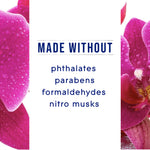 White panel with 'Made Without' headline and list of excluded ingredients beside orchid petal images