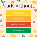 Informational panel listing ingredients not included - phthalates, parabens, formaldehydes, nitro musks - with lemon motifs