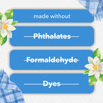 Graphic panel listing attributes the product is made without, showing struck-through words: phthalates, formaldehyde, dyes