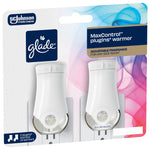 Angled front view of Glade MaxControl plugIns warmer retail packaging featuring two white warmers and colorful design