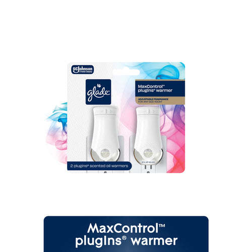 Packaged Glade MaxControl plugIns warmer duo in retail blister pack with colorful smoke graphic background