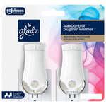 Front retail blister pack showing two white Glade MaxControl plugIns warmers with brand logo and colored smoke art