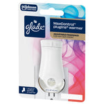 Angled retail pack shot of Glade MaxControl plugIns warmer with colorful branded background artwork