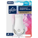 Front-on studio shot of Glade MaxControl plugIns warmer blister pack with product visible on a white background