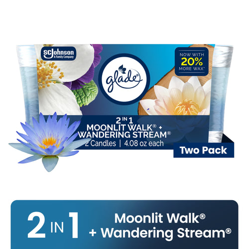 Glade two-pack product sleeve for Moonlit Walk + Wandering Stream candles with floral artwork and brand logo