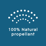 Blue badge graphic with dotted spray icon and text '100% Natural propellant' on a teal background.