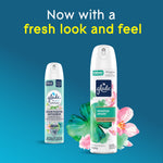 Two Glade aerosol cans including Dewdrop Petals with floral artwork and text reading now with a fresh look and feel.