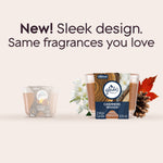 Text banner reading “New! Sleek design. Same fragrances you love” with Glade Cashmere Woods jar and packaged candle artwork.