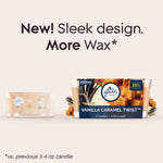 Glade product graphic showing twin-pack package and jar with headline “New! Sleek design. More Wax” against a light background