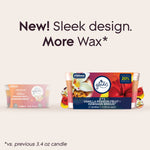 Promotional graphic showing old and new Glade candle packaging with text announcing new sleek design and more wax