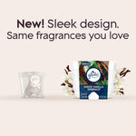 Promotional graphic showing old and new Glade Sheer Vanilla Embrace packaging with text ‘New! Sleek design. Same fragrances you love’.