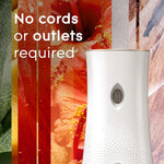 White Glade automatic spray dispenser shown with text 'No cords or outlets required' and colorful background