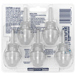 Clear plastic back of Glade refill blister pack showing five clear refill bottles and printed instructions on backing
