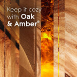 Graphic panel with warm wood and amber textures and text reading “Keep it cozy with Oak & Amber”