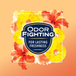 Badge-style graphic 'Odor Fighting for Lasting Freshness' over watercolor pineapple and hibiscus illustration