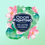 Graphic badge reading 'Odor Fighting for Lasting Freshness' over watercolor floral background