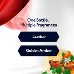 Graphic panel reading “One Bottle, Multiple Fragrances” with Leather and Golden Amber labels