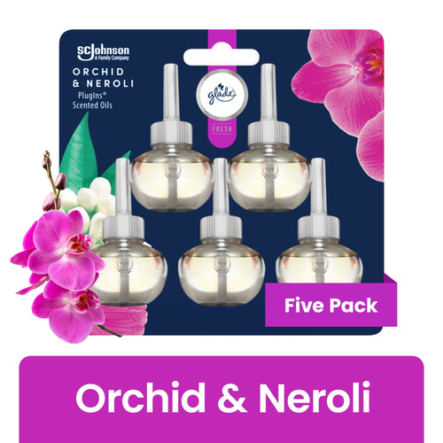 Glade Orchid & Neroli scented oil refill five-pack on navy card with orchid flowers and 'Five Pack' label