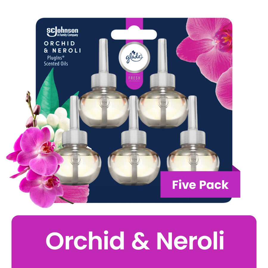 Glade Orchid & Neroli scented oil refill five-pack on navy card with orchid flowers and 'Five Pack' label
