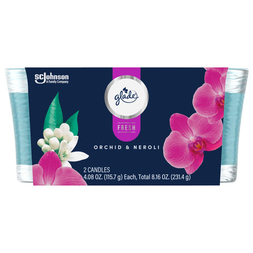 Glade Fresh Orchid & Neroli candle two-pack front packaging showing floral artwork and product weight text