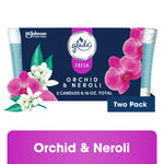 Glade Fresh Orchid & Neroli two-pack candle packaging with orchid and neroli floral graphics