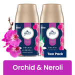 Two Glade Automatic Spray refill cans in Orchid & Neroli design with orchid flowers and a 'Two Pack' label
