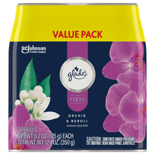 Front of Glade Automatic Spray refill value pack for Orchid & Neroli showing brand logo, orchids and neroli flowers