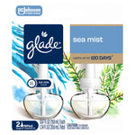 Packaging front close-up showing Glade logo and sea mist label with two clear refill bottles and rub-here scent spot