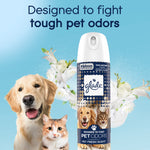 Glade Pet Fresh aerosol can surrounded by flowers with a dog and cat on blue background