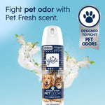 Glade Pet Fresh air freshener can with floral graphics and badge reading designed to fight pet odors