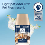 Glade Pet Fresh automatic spray refill label showing dog and cat imagery with a badge reading designed to fight pet odors on blue background