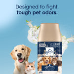Single Glade Pet Fresh automatic spray refill against a blue background with a dog and cat on the label and floral accents