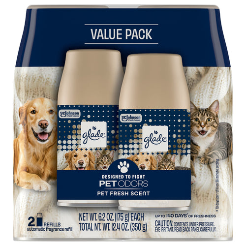 Glade Pet Fresh value pack showing two automatic spray refills with dog and cat imagery on the packaging