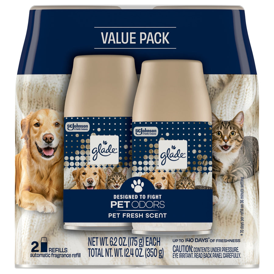 Glade Pet Fresh value pack showing two automatic spray refills with dog and cat imagery on the packaging