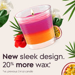 Single pink-and-orange layered Glade candle in a clear spun jar with hibiscus, passionfruit and foliage graphics