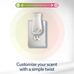 Illustration of a plug-in air freshener in an outlet with a slider graphic indicating adjustable scent strength.