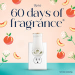 Wall plug-in device inserted in outlet with text claiming up to 60 days of fragrance and peach blossom illustrations