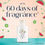 Glade plug-in air freshener device plugged into an outlet with text claiming up to 60 days of fragrance and watermelon and cucumber illustrations.