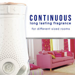 Partial image of a Glade plug-in device and a pink living room scene with text about continuous long lasting fragrance