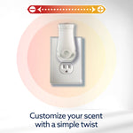 Illustration of a Glade plug-in device in an outlet with a dial indicator and scent halo