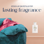 Stylized room scene with a plugged‑in Glade plugin device and text encouraging stocking up on refills for lasting fragrance