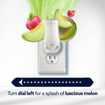Plug-in air freshener illustration with melon imagery and copy 'Turn dial left for a splash of luscious melon'.