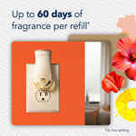 Glade wall plug-in warmer shown in an outlet with text stating up to 60 days of fragrance per refill and floral graphics