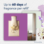 Wall outlet with a Glade plug-in warmer displayed on a purple background with text about up to 60 days of fragrance