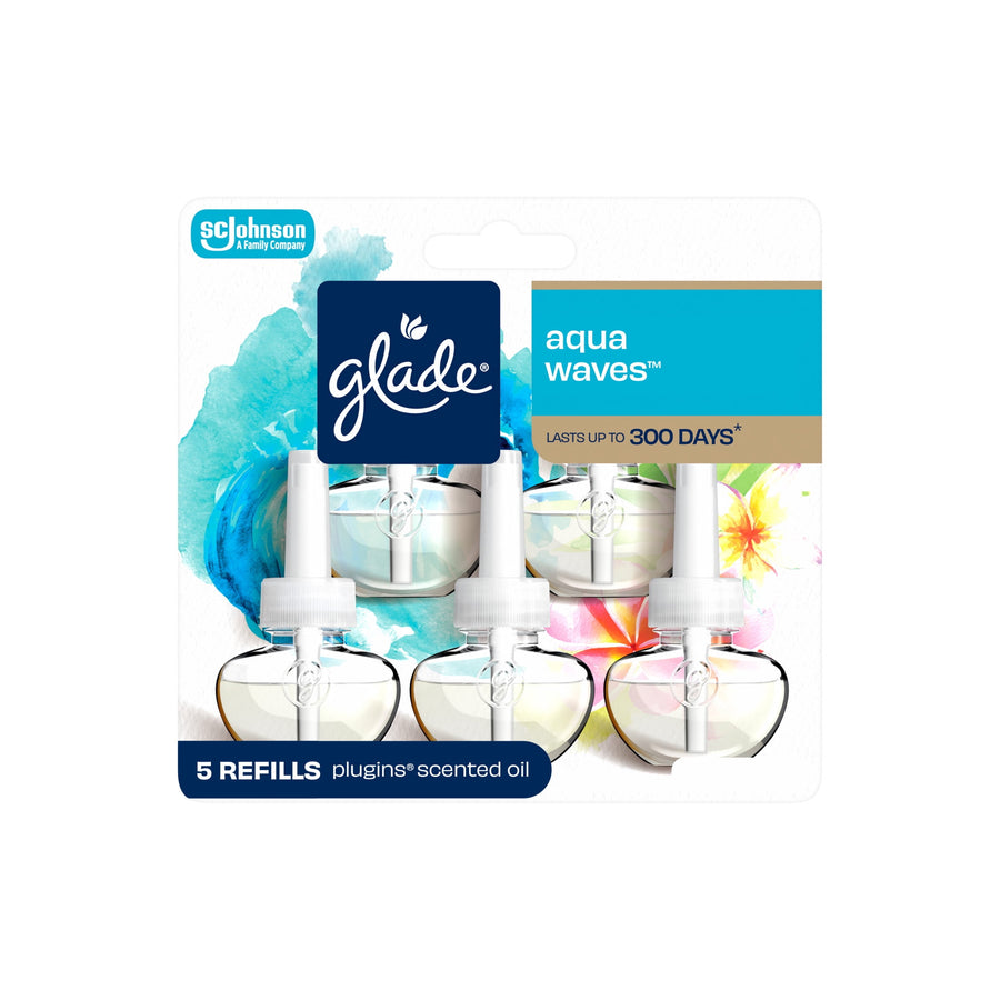 Front-facing Glade PlugIns aqua waves refill pack showing five clear oil refill bottles and brand logo on white card